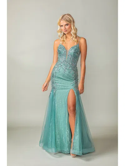 Dq Embellished Gown With Sheer Overlay, Strappy Back, And Fitted Bodice Prom Dress In Gray
