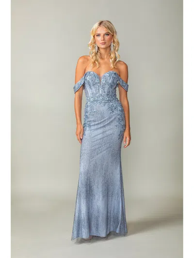 Dq Embellished Off-shoulder Sweetheart Gown With Sequin Overlay And Floor-length Hem Prom Dress In Blue