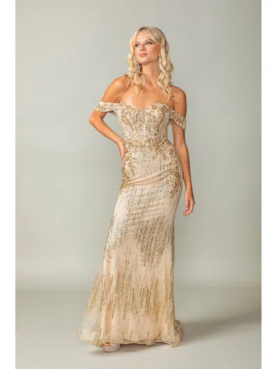 Dq Embellished Off-shoulder Sweetheart Gown With Sequin Overlay And Floor-length Hem Prom Dress In Neutral