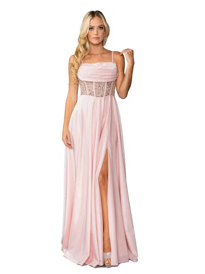 Dq Embellished Sheer Bodice Gown With Draped Skirt And Thigh-high Slit Prom Dress In Gold