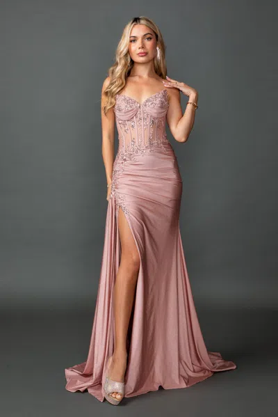 Dq Embellished Sheer Corset Prom Dress With Ruched Detailing And High Leg Slit In Pink
