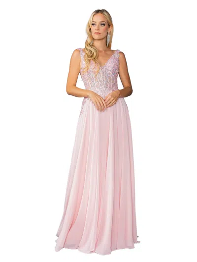 Dq Embroidered Bodice A-line Gown With Sheer Overlay And Sleeveless Design Prom Dress In Gold