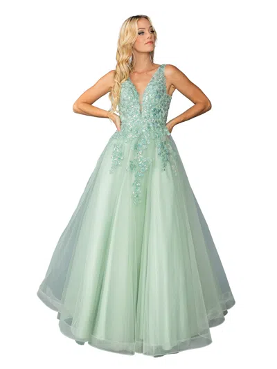Dq Enchanted Tulle A-line Gown With Floral Applique And Sheer Plunge Bodice Prom Dress In Green