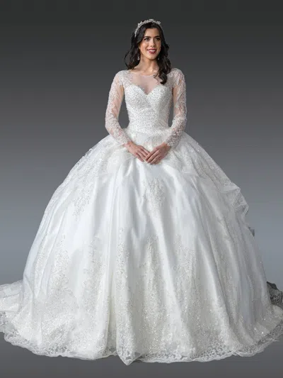 Dq Exquisite Long-sleeve Wedding Dress With Beaded Embellishments And Sheer Overlay, Featuring A Full B In White