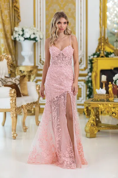 Dq Fitted Prom Dress With Floral Lace Embroidery And Side Slit In Gold