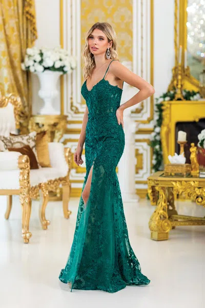 Dq Fitted Prom Dress With Floral Lace Embroidery And Side Slit In Green