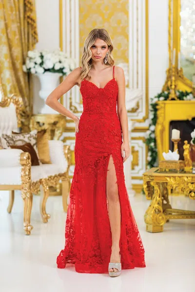 Dq Fitted Prom Dress With Floral Lace Embroidery And Side Slit In Red