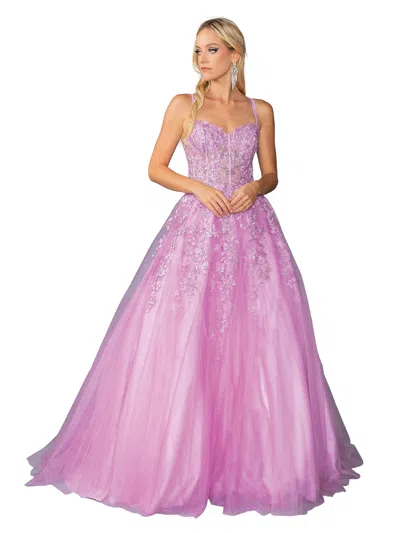 Dq Floral Applique Ballgown With Tulle Skirt And Lace-up Back Detail Prom Dress In Pink