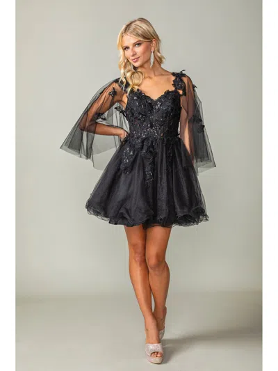 Dq Floral Applique Sheer Sleeve Short Dress With Beaded Detailing And Tulle Skirt In Black