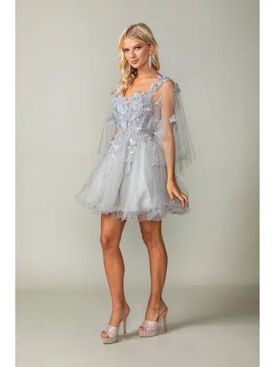 Dq Floral Applique Sheer Sleeve Short Dress With Beaded Detailing And Tulle Skirt In Silver