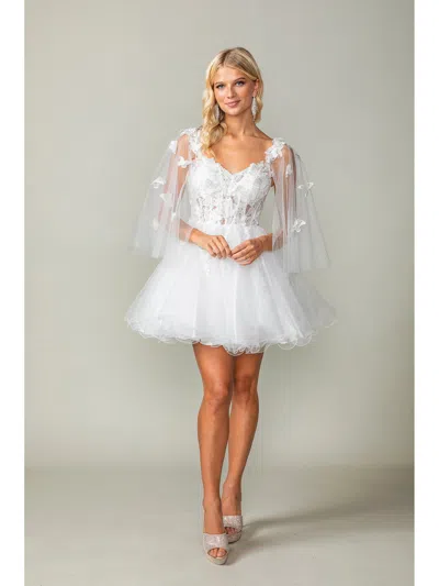 Dq Floral Applique Sheer Sleeve Short Dress With Beaded Detailing And Tulle Skirt In White
