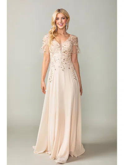 Dq Flutter Sleeve Gown With Embroidered Applique And V-neckline Prom Dress In Neutral