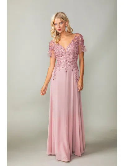 Dq Flutter Sleeve Gown With Embroidered Applique And V-neckline Prom Dress In Pink