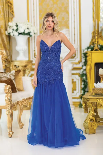 Dq Glamorous Spaghetti Strap Prom Dress With Sequined Bodice And Sheer Overlay, Featuring A Fitted Silh In Blue
