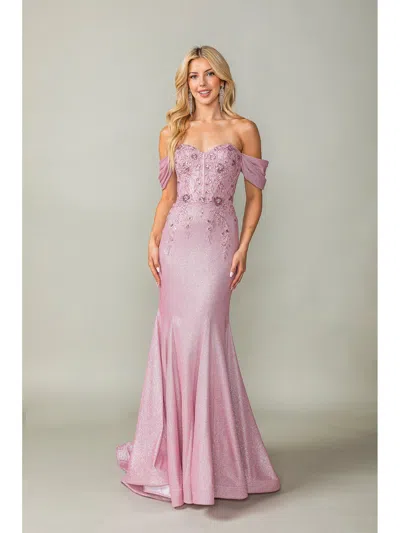 Dq Glitter Gown With Off-shoulder Sleeves, Lace-up Corset Back, And Fishtail Train Prom Dress In Purple