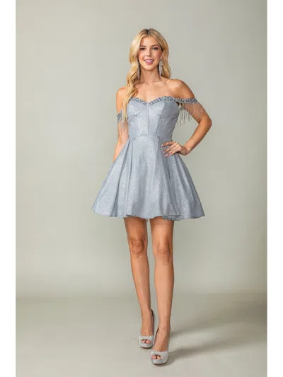 Dq Glittered Short Dress With Off-the-shoulder Sheer Beaded Sleeves And Corset Back Homecoming Dress In Blue