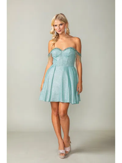 Dq Glittered Short Dress With Off-the-shoulder Sheer Beaded Sleeves And Corset Back Homecoming Dress In Blue