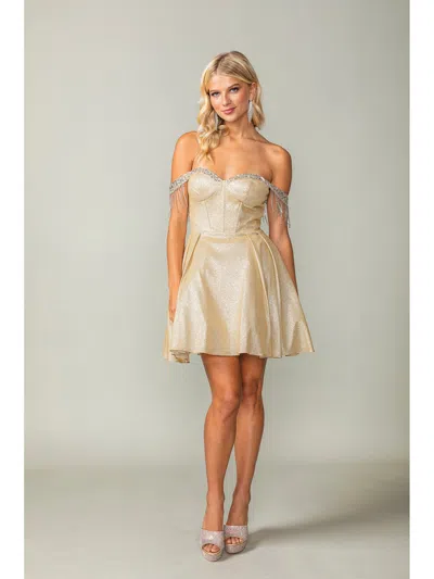 Dq Glittered Short Dress With Off-the-shoulder Sheer Beaded Sleeves And Corset Back Homecoming Dress In White