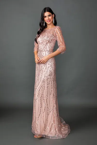 Dq Illusion Beaded Long Sleeve Fitted Mesh Prom Dress In Brown