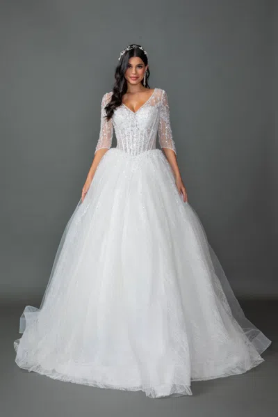 Dq Illusion V-neck Ball Gown Wedding Dress With Lace Applique Bodice, Sheer 3/4 Sleeves, And Layered Tu In White