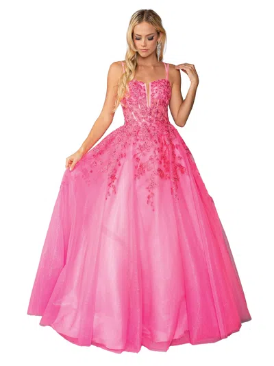 Dq Lace Embellished Gown With Tulle Overlay And Crisscross Back Detail Prom Dress In Pink