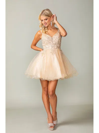 Dq Lace Embellished V-neck Dress With Tulle Skirt And Lace-up Back In White
