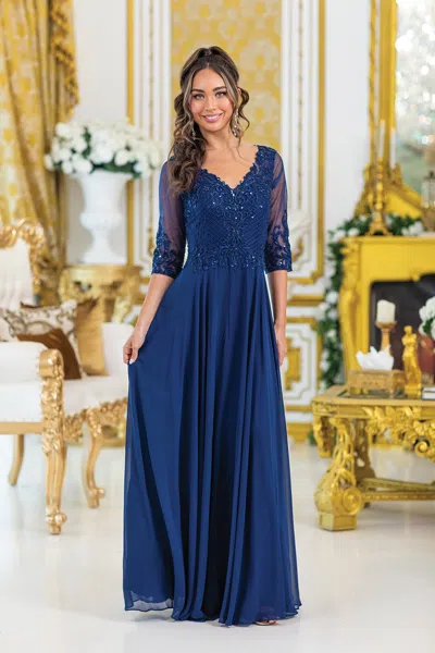 Dq Lace-embellished A-line Prom Dress With Sheer Sleeves And V-neckline In Blue