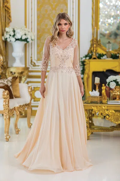 Dq Lace-embellished A-line Prom Dress With Sheer Sleeves And V-neckline In White