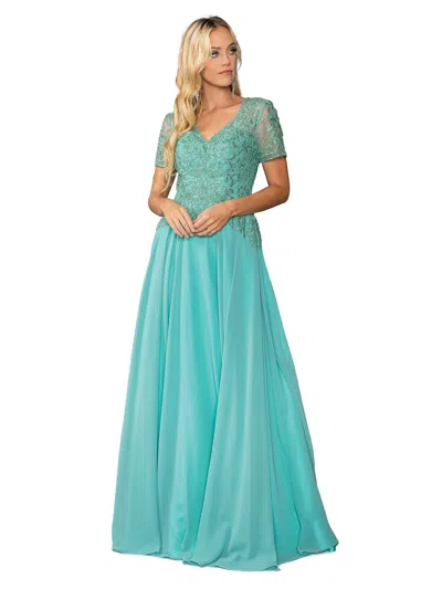 Dq Lace-embellished Bodice Chiffon Gown With Short Sleeves And V-neckline Prom Dress In Blue