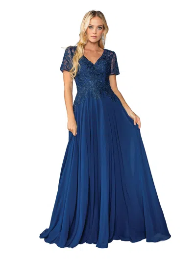Dq Lace-embellished Bodice Chiffon Gown With Short Sleeves And V-neckline Prom Dress In Blue