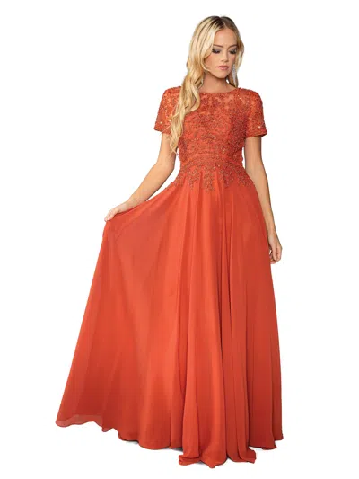 Dq Lace-embellished Chiffon Gown With Cap Sleeves And Gathered Waist Prom Dress In Red