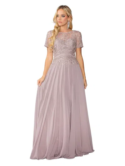 Dq Lace-embellished Chiffon Gown With Cap Sleeves And Gathered Waist Prom Dress In Brown