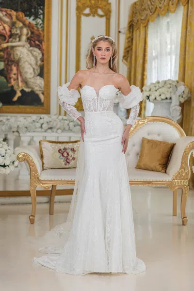 Dq Mermaid Wedding Dress With Sheer Lace Bodice, Sweetheart Neckline, Puff Sleeves, And Chapel Train In White