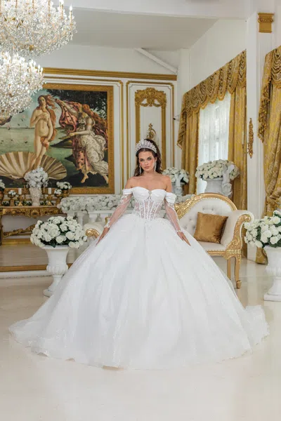 Dq Off-shoulder Ball Gown Wedding Dress With Sheer Corset Bodice And Long Glitter Skirt In White