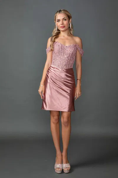 Dq Off-shoulder Beaded Corset Homecoming Dress With Ruched Satin Skirt In Multi