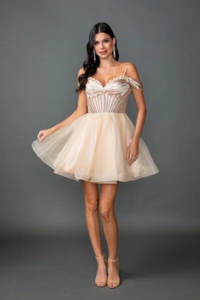 Dq Off-shoulder Corset Homecoming Dress With Embellished Bodice And Flowy Tulle Skirt In Neutral