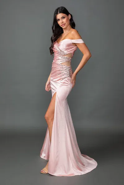 Dq Off-shoulder Cutout Embellished Fitted Mermaid Prom Dress With High Slit And Sweep Train In Pink