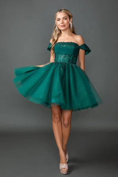 Dq Off-shoulder Embellished Corset Tulle Short A-line Homecoming Dress In Green