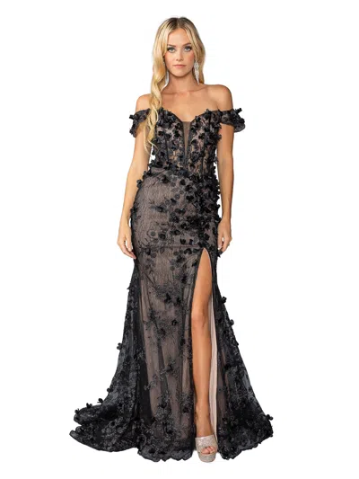 Dq Off-shoulder Floral Applique Gown With Ruffled Trim And Front Slit Prom Dress In Brown