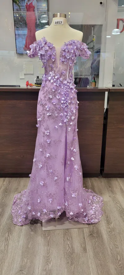 Dq Off-shoulder Floral Applique Gown With Ruffled Trim And Front Slit Prom Dress In Purple