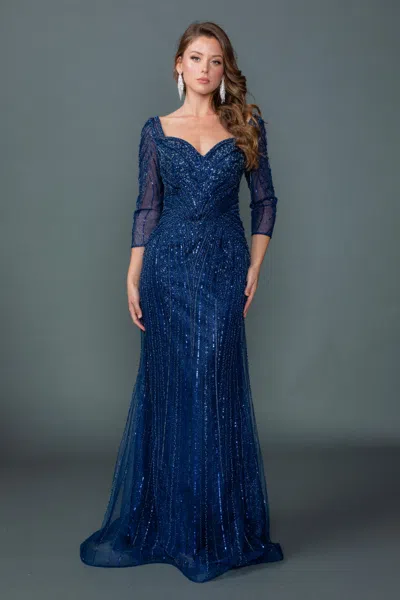 Dq Off-shoulder Illusion Sleeve Embellished Fitted Prom Dress With Sheer Beaded Overlay And Sweep Train In Blue