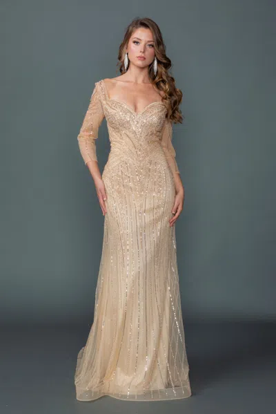 Dq Off-shoulder Illusion Sleeve Embellished Fitted Prom Dress With Sheer Beaded Overlay And Sweep Train In Gold
