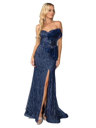 Dq Off-shoulder Lace Overlay Gown With Jewel Accents And Thigh-high Slit Prom Dress In Blue
