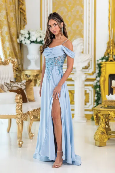 Dq Off-shoulder Prom Dress With Beaded Bodice And Side Slit Skirt In Blue