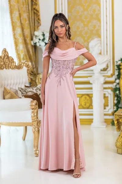 Dq Off-shoulder Prom Dress With Beaded Bodice And Side Slit Skirt In Multi