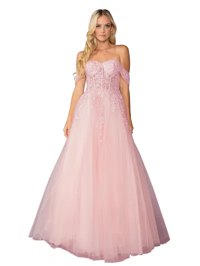 Dq Off-shoulder Prom Dress With Intricate Floral Lace Bodice, Sheer Mesh Skirt, Beaded Detailing, And D In Pink