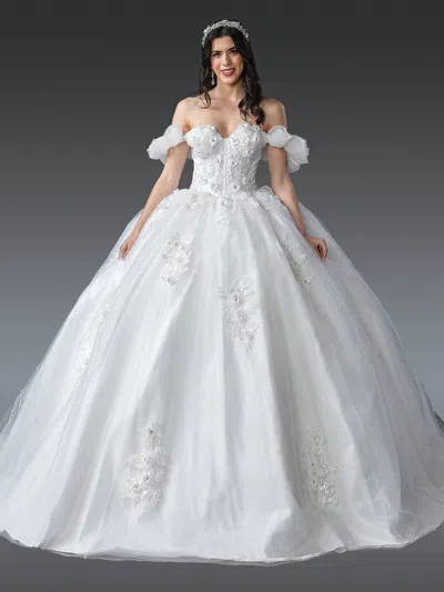 Dq Off-shoulder Puff Sleeve Wedding Dress With 3d Floral Appliques And Lace-up Back In White