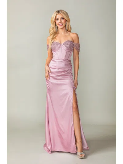 Dq Off-shoulder Satin Gown With Beaded Bust Detail And Front Slit Prom Dress In Multi