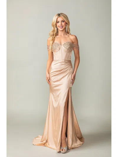 Dq Off-shoulder Satin Gown With Beaded Bust Detail And Front Slit Prom Dress In Neutral