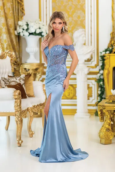 Dq Off-shoulder Satin Prom Dress With Intricate Beaded Bodice And Side Slit In Multi